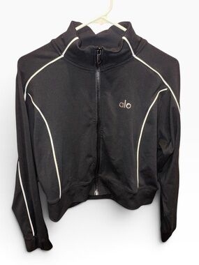 ALO Yoga Black Zip-Front Cropped Jacket with White Piping